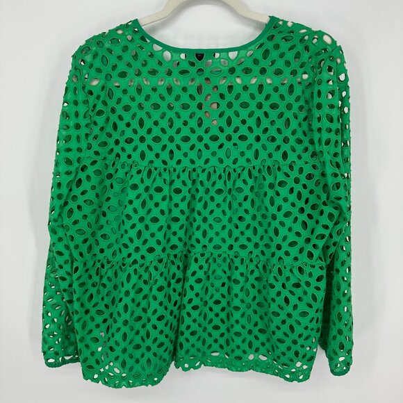 J. Crew Tiered Top in Embroidered Eyelet L Sheer Long Sleeves AM637 Green - Picture 4 of 9